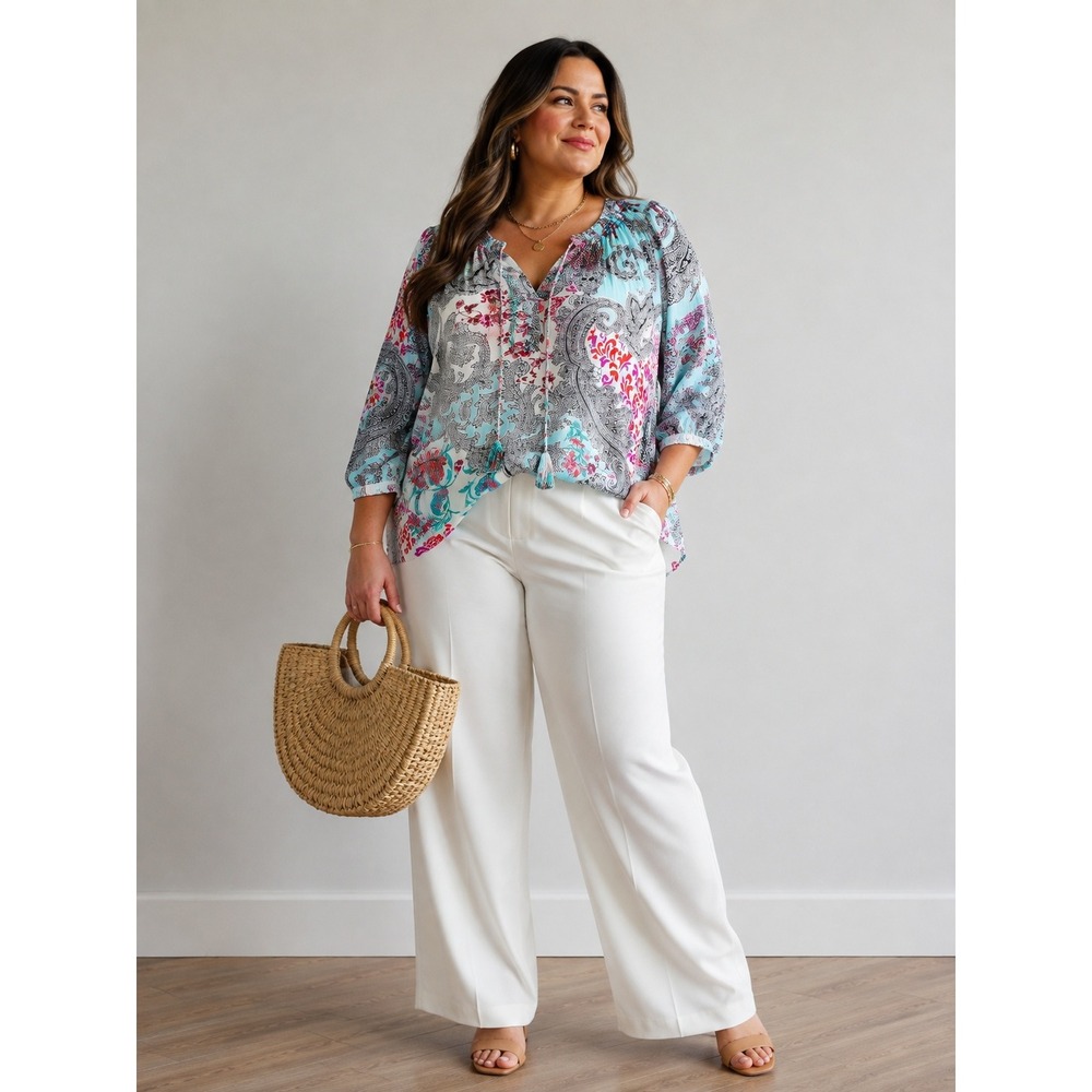 Daniel Rainn Paisley Floral Peasant Tunic Blouse 1X Boho Coastal Resort Eclectic